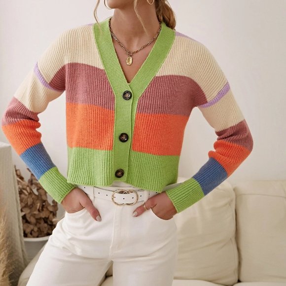 Color Block Button Up Cardigan - Picture 3 of 7